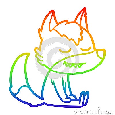 A creative rainbow gradient line drawing friendly cartoon wolf sitting down Vector Illustration