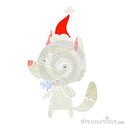 A creative retro cartoon of a hungry wolf wearing santa hat Vector Illustration