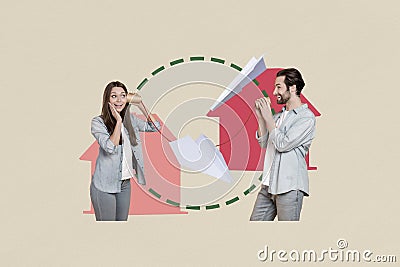 Creative retro collage of two best friends communicate hold cups telecommunicating send messages wired remote isolated Stock Photo