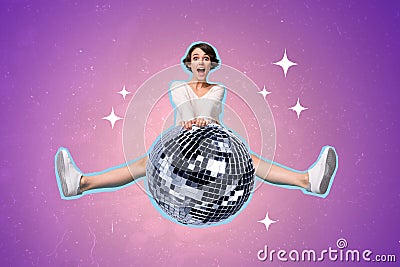Creative retro 3d magazine collage image of excited impressed lady holding big disco ball painting background Stock Photo