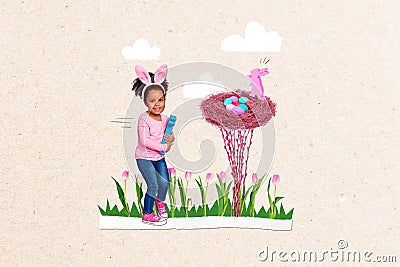 Creative retro 3d magazine collage image of funny smiling little child finding nest easter eggs inside isolated painting Stock Photo