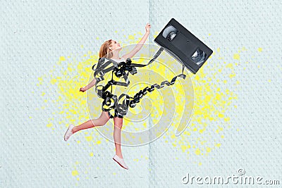 Creative retro 3d magazine collage image of smiling carefree lady vintage vhs cassette instead of body isolated painting Stock Photo