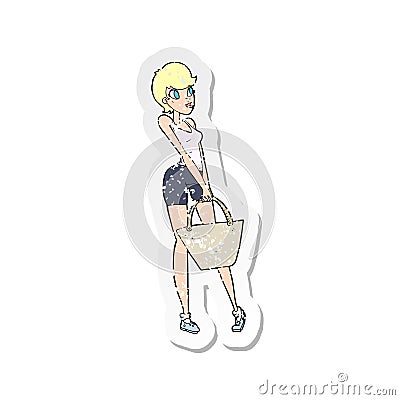 A creative retro distressed sticker of a cartoon attractive woman shopping Vector Illustration