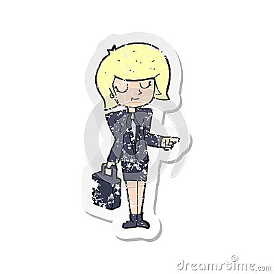 A creative retro distressed sticker of a cartoon businesswoman pointing Vector Illustration