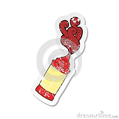 A creative retro distressed sticker of a cartoon ketchup bottle Vector Illustration