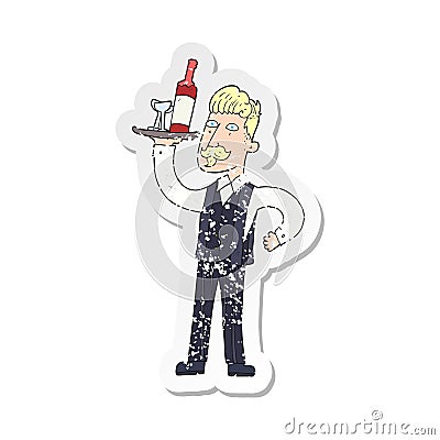 A creative retro distressed sticker of a cartoon waiter Vector Illustration