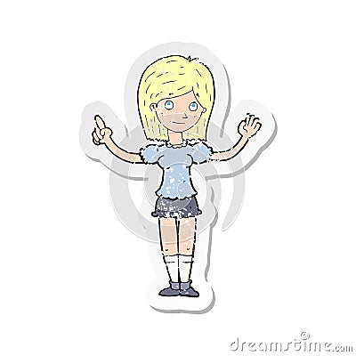 A creative retro distressed sticker of a cartoon woman explaining idea Vector Illustration