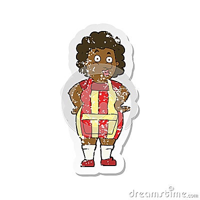 A creative retro distressed sticker of a cartoon woman in kitchen apron Vector Illustration