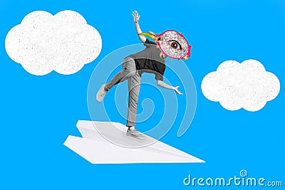 Creative retro magazine collage of male man flying paper plane dragon fruit instead head clouds isolated blue color Stock Photo