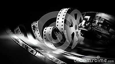 Creative Retro Mono Chromatic Movie Film Background with film strips spools and reels Stock Photo