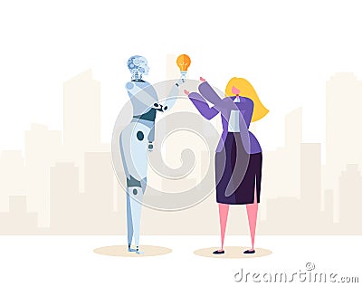 Creative Robot Help Businesswoman make Good Solution. Ai Imagination Create Futuristic Idea. New level of Automation Vector Illustration