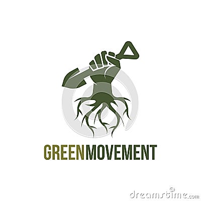 Creative Root hand holding shovel logo, green movement logo, gardening movement vector icon Vector Illustration