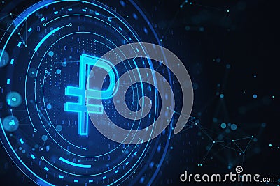 Creative round blue ruble button on dark backdrop. Digital money and crypto concept. Stock Photo