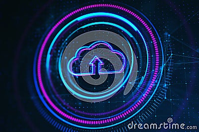 Creative round cloud computing hologram on dark background. Server concept. Stock Photo