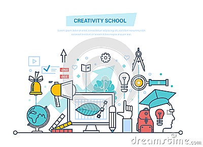 Creative school. Training, creativity distance learning, technology, knowledge, teaching, education. Vector Illustration