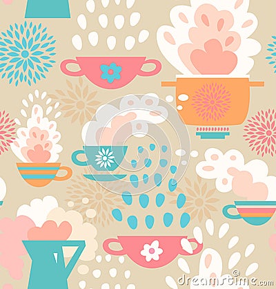 Creative seamless kitchen pattern Background with cups, teapots, coffee and pan, saucepan Stock Photo