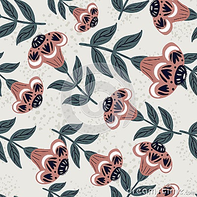 Creative seamless pattern with cartoon simple beige folk flowers ornament. Light blue background Vector Illustration