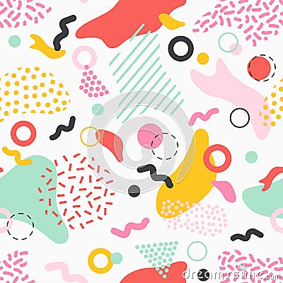 Creative seamless pattern with colorful stains, lines and shapes of various texture on white background. Stylish Vector Illustration