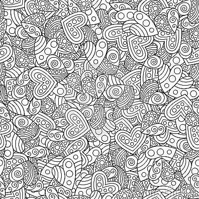 Creative Seamless Pattern of Contour Hearts for Page of Coloring Vector Illustration