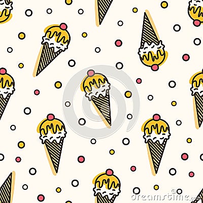 Creative seamless pattern with ice cream in wafer, waffle or sugar cone. Backdrop with delicious frozen dessert. Vector Vector Illustration