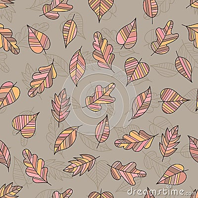 Creative Seamless Pattern of Pastel Leaves on Coffee-Colored Backdrop. Vector Illustration