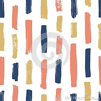 Creative seamless pattern with pink, blue and yellow vertical paint traces on white background. Abstract backdrop with Vector Illustration