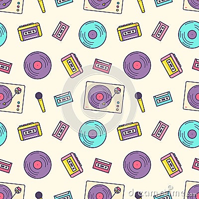 Creative seamless pattern with retro analog music player, cassette recorder, turntable, vinyl disc, microphone on light Vector Illustration