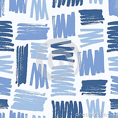 Creative seamless pattern with rough blue brush strokes on white background. Cool artistic backdrop with paint traces Vector Illustration