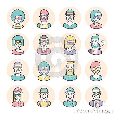 Creative set of round avatars. Thin lines. Vector. Vector Illustration