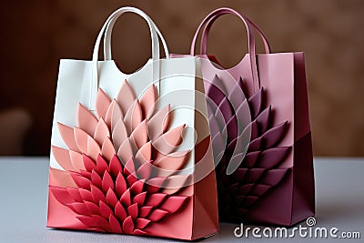 Creative shopping bags with handles with a voluminous pattern of an exotic flower are on the table Stock Photo