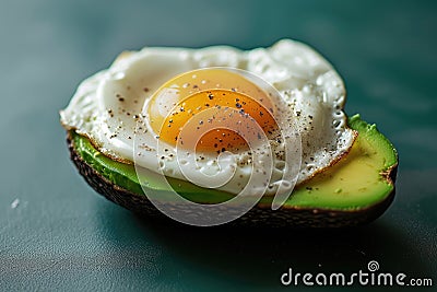 A creative shot of a fried egg on a slice of avocado, creating a vibrant contrast Stock Photo