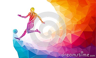 Creative silhouette of soccer player. Football player kicks the ball in trendy abstract colorful polygon style with Vector Illustration