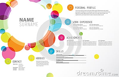 Creative simple cv template with colorful circles shapes. Vector Illustration