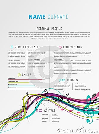 Creative simple CV template with colorful music tunes and lines. Vector Illustration