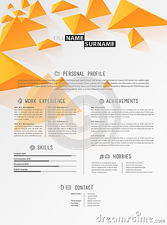 Creative simple cv template with orange triangles in header. Vector Illustration