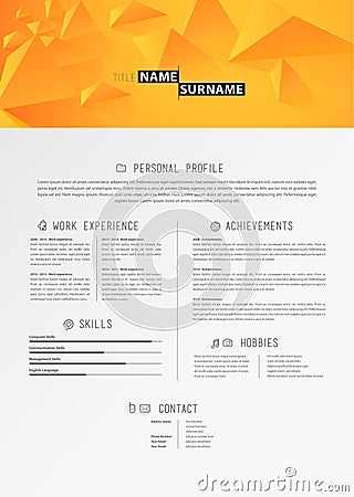 Creative simple cv template with orange triangles in header. Vector Illustration