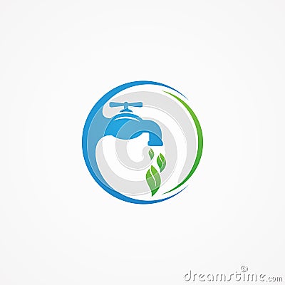 Creative simple eco plumbing service with faucet and leaf droplet Vector Illustration