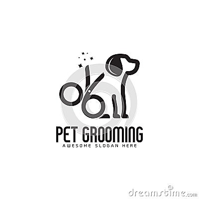 Creative simple scissor with dog logo design, pet grooming logo concept in linear style modern vector template icon Vector Illustration