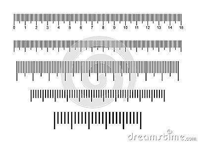 Creative size indicators set. Black scale, markup for rulers. Different unit distances. Art design horizontal measure Vector Illustration