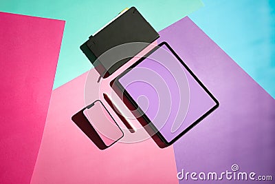 Creative smart devices with blank screens mockup. Stock Photo