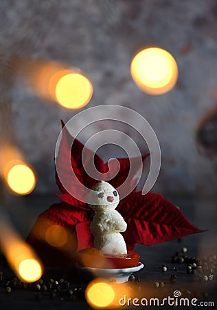 creative snowman canapes of mozzarella, tomatoes on a background of poinsettia Stock Photo