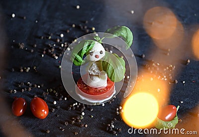 creative snowman canapes of mozzarella, tomatoes on a background of poinsettia Stock Photo