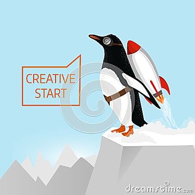 Creative start and creative idea concept. Penguin begins to take off with the help of Rocket Vector Illustration