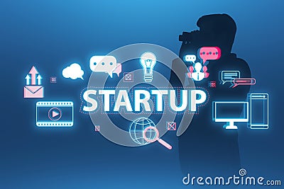 Creative start up hologram on background with businesspeople silhouettes. New business beginnings concept. 3D Rendering Stock Photo