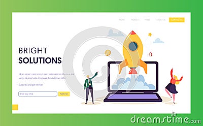 Creative Startup Rocket Launch Landing Page. Business People Character Start Successful Project Development. Innovation Vector Illustration