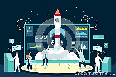 Creative startup, rocket launch by tiny team of people working on spaceship takeoff Vector Illustration