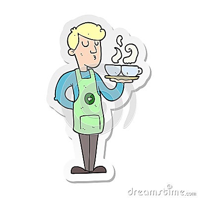 A creative sticker of a cartoon barista serving coffee Vector Illustration