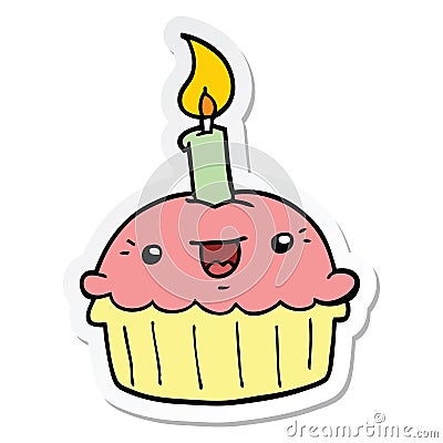 A creative sticker of a cartoon cupcake with candle Vector Illustration