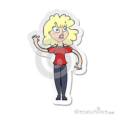 A creative sticker of a cartoon worried woman waving Vector Illustration