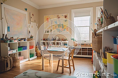 creative and stimulating home school environment with books, art supplies, and technological tools Stock Photo